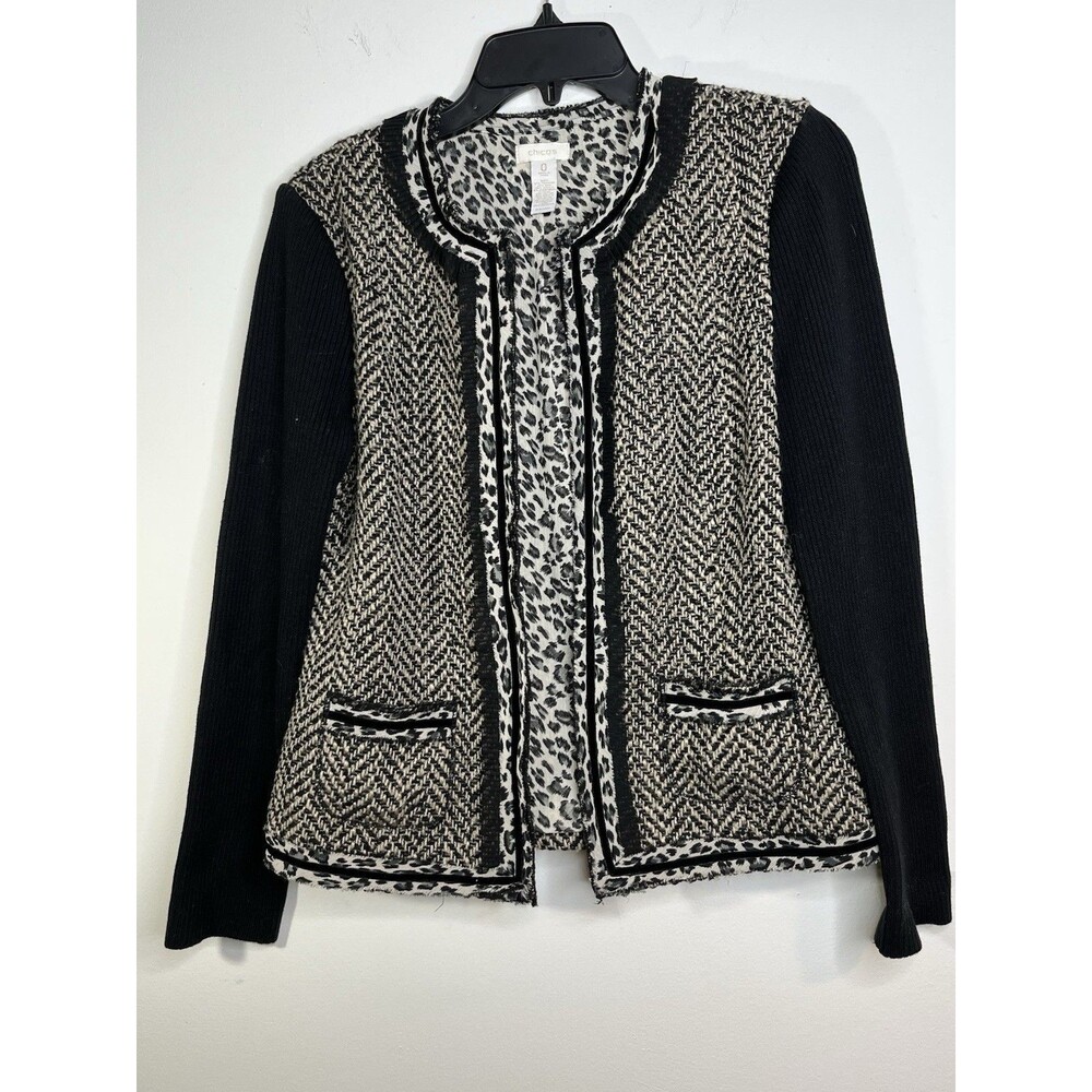 Chicos Jacket Womens S 0 Gray Heathered Tweed Leopard  Wool Open Front Blazer